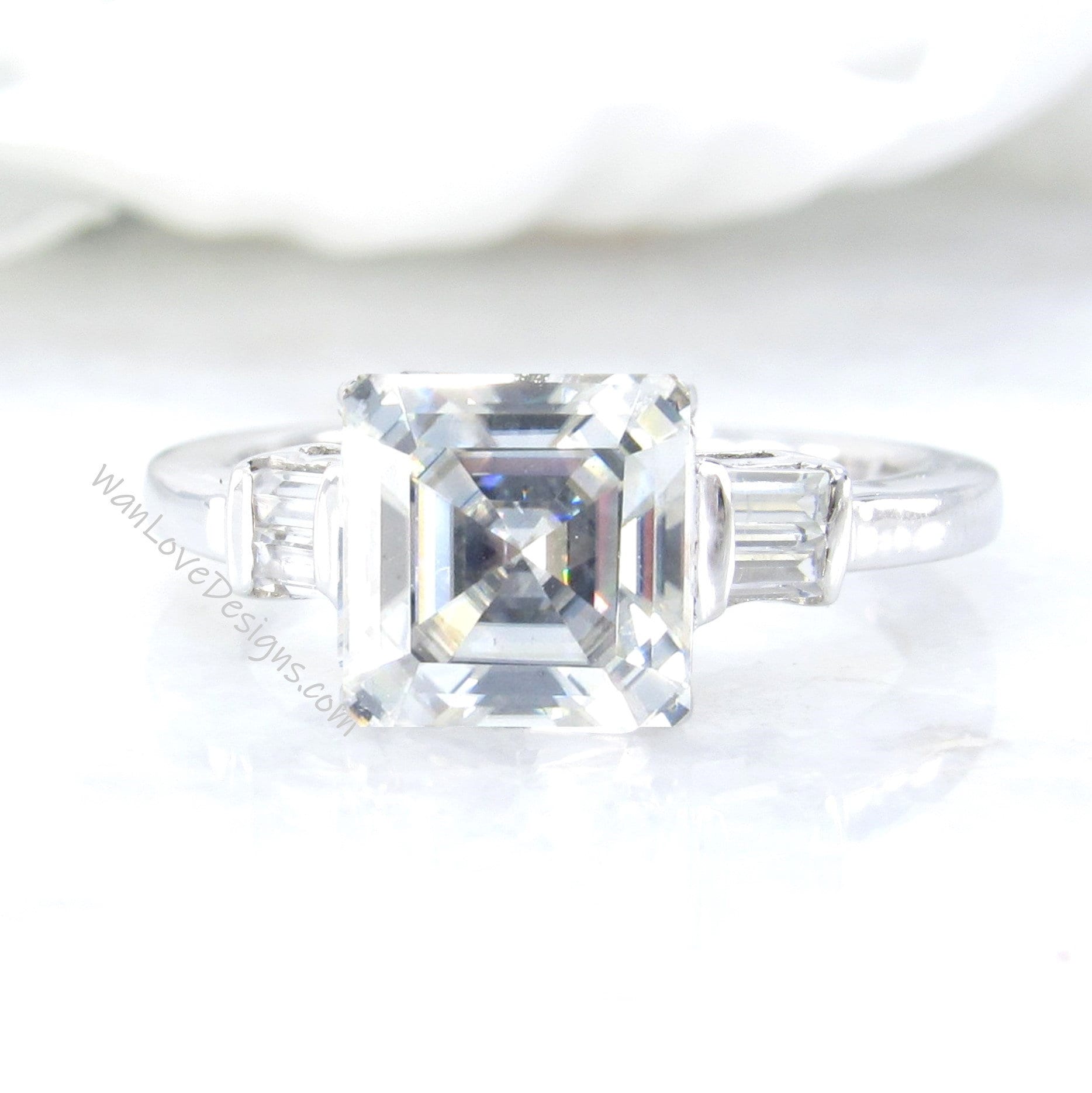 Moissanite Radiant & Baguette Engagement Ring 5 Gemstone Asscher, Custom,Wedding,Anniversary Gift,14k 18k White Rose Yellow Gold Wan Love Designs