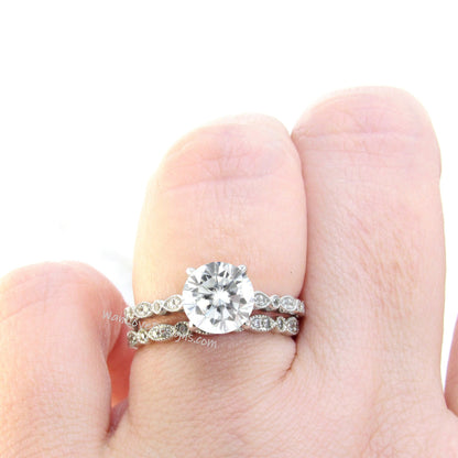 Moissanite Round Diamonds WITH Milgrain Wedding Set Rings Rings, 14kt Solid Rose Gold, WanLoveDesigns Wan Love Designs