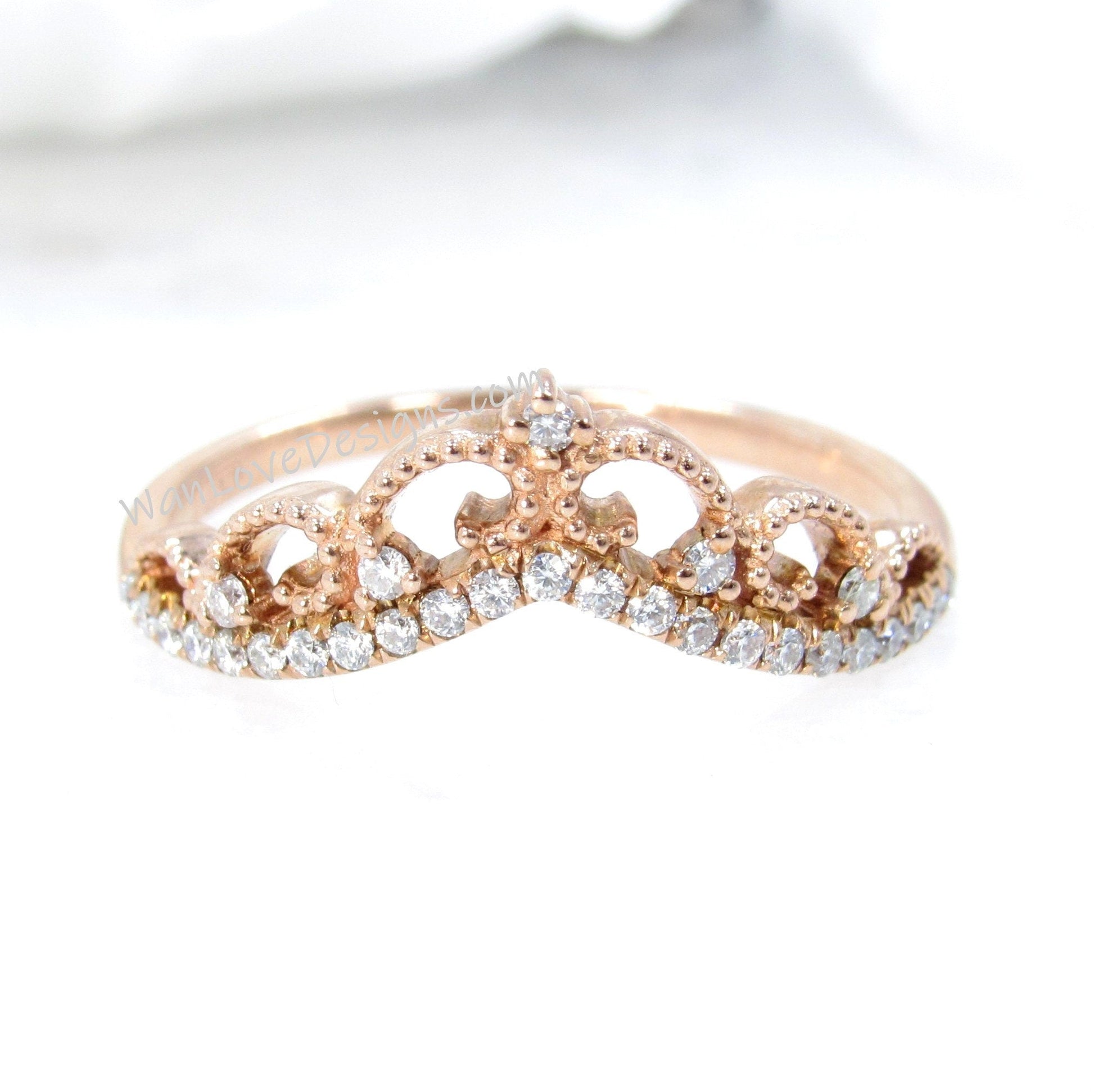 Moissanite Tiara Crown Milgrain Filigree Wedding Band Ring Round vintage Engagement Rose Gold anniversary promise bridal ring Ready to Ship Wan Love Designs