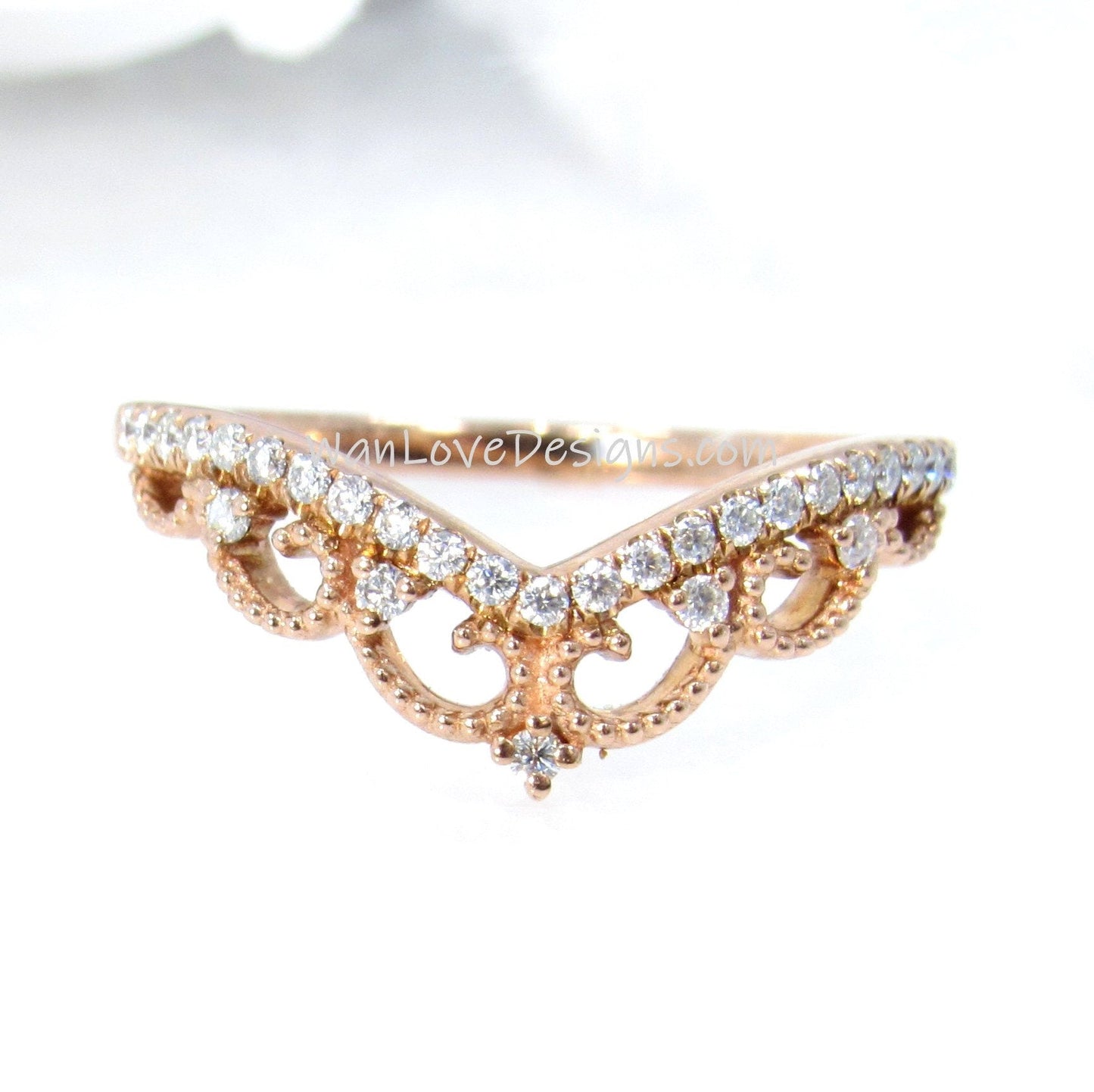 Moissanite Tiara Crown Milgrain Filigree Wedding Band Ring Round vintage Engagement Rose Gold anniversary promise bridal ring Ready to Ship Wan Love Designs