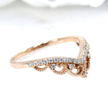 Moissanite Tiara Crown Milgrain Filigree Wedding Band Ring Round vintage Engagement Rose Gold anniversary promise bridal ring Ready to Ship Wan Love Designs