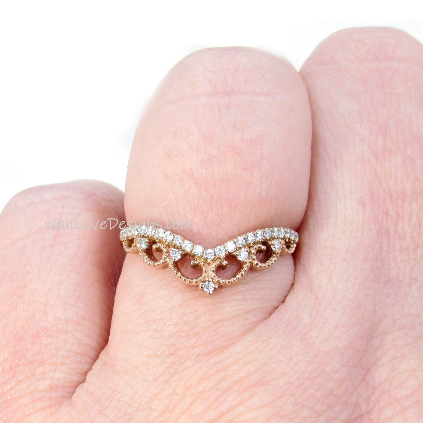 Moissanite Tiara Crown Milgrain Filigree Wedding Band Ring Round vintage Engagement Rose Gold anniversary promise bridal ring Ready to Ship Wan Love Designs