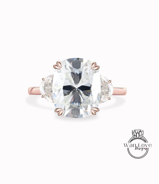 Moissanite diamond engagement ring cushion cut half moon rose gold art deco diamond three stone ring wedding Bridal ring Anniversary gift Wan Love Designs