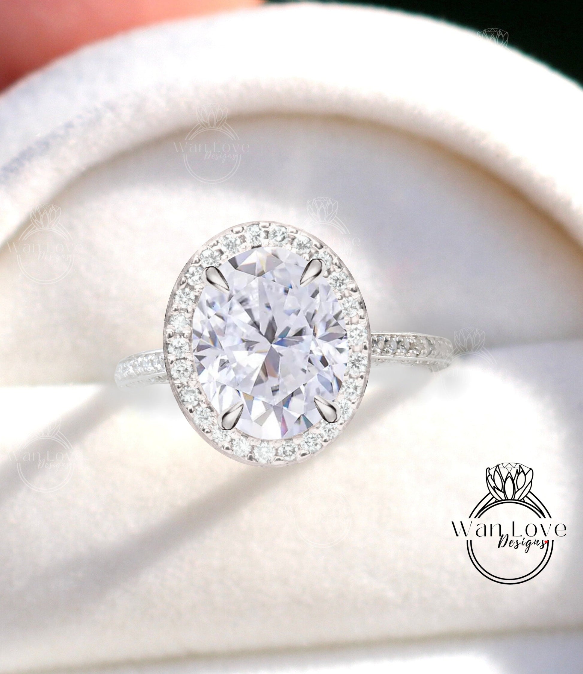 Moissanite engagement ring Oval shape vintage white gold ring antique art deco halo unique ring promise anniversary bridal ring wedding ring Wan Love Designs