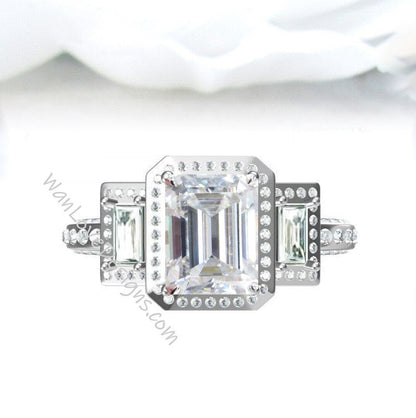 Moissanite engagement ring emerald cut ring three gemstone halo gold ring 3 halo ring moissanite diamond ring vintage art deco prong ring Wan Love Designs