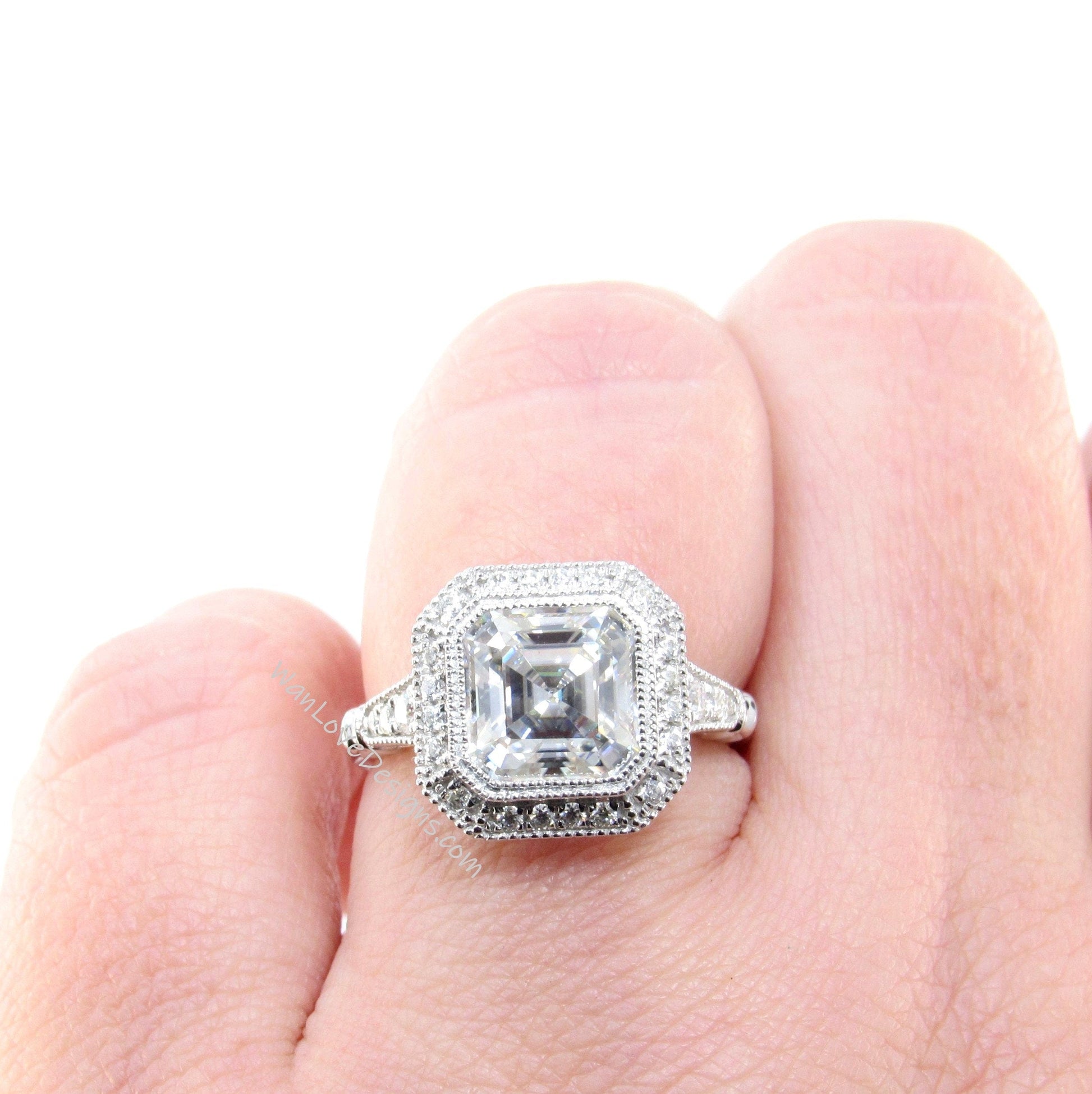 Moissanite engagement ring gold vintage Art Deco Bezel Halo engagement ring women Antique diamond Wedding Milgrain Bridal Anniversary gift Wan Love Designs