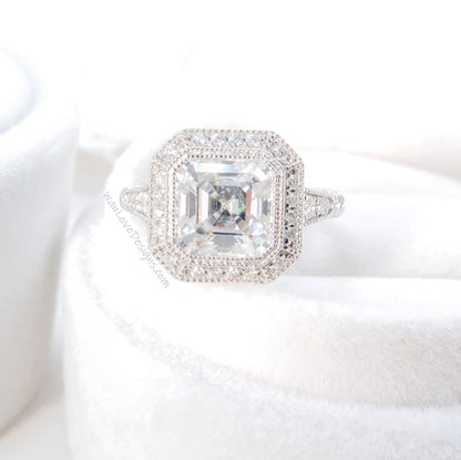 Moissanite engagement ring gold vintage Art Deco Bezel Halo engagement ring women Antique diamond Wedding Milgrain Bridal Anniversary gift Wan Love Designs