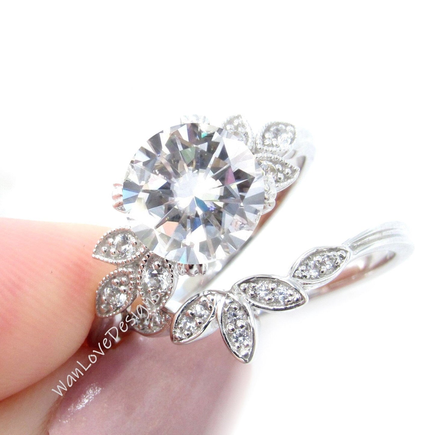 Moissanite engagement ring set white gold Unique Round cut Cluster Diamond milgrain leaf women vintage wedding band Anniversary set Wan Love Designs