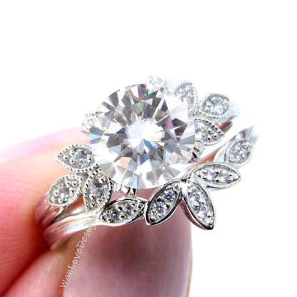 Moissanite engagement ring set white gold Unique Round cut Cluster Diamond milgrain leaf women vintage wedding band Anniversary set Wan Love Designs