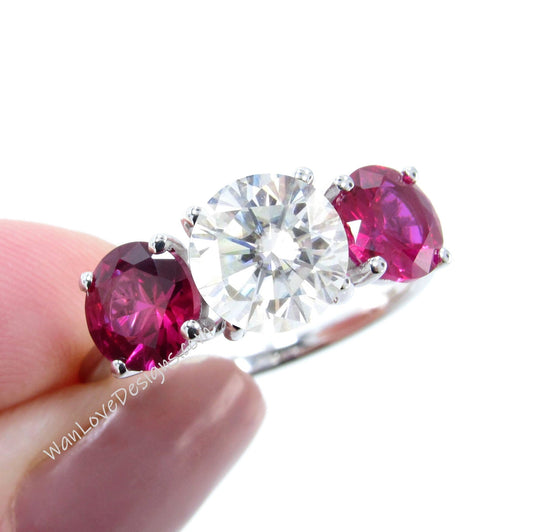 Moissanite engagement ring vintage Ruby ring Three stone white gold 4 prong ring round bridal ring art deco ring Promise Anniversary ring Wan Love Designs