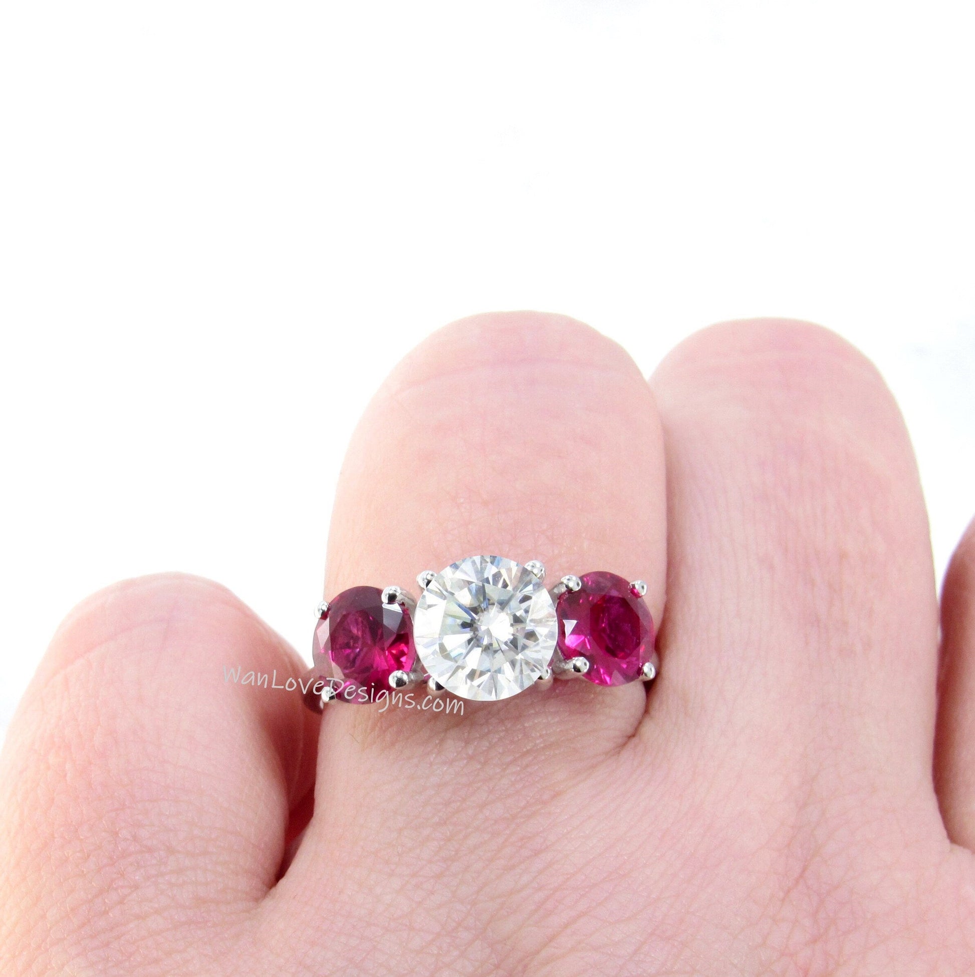 Moissanite engagement ring vintage Ruby ring Three stone white gold 4 prong ring round bridal ring art deco ring Promise Anniversary ring Wan Love Designs