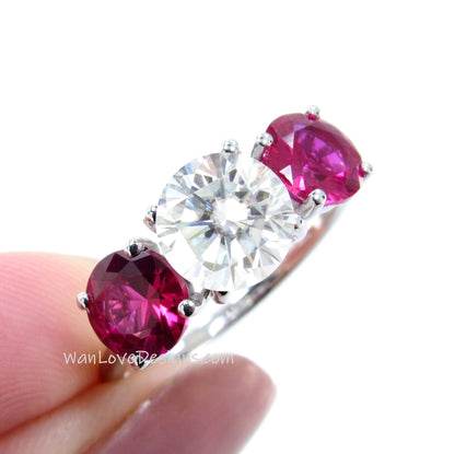 Moissanite engagement ring vintage Ruby ring Three stone white gold 4 prong ring round bridal ring art deco ring Promise Anniversary ring Wan Love Designs