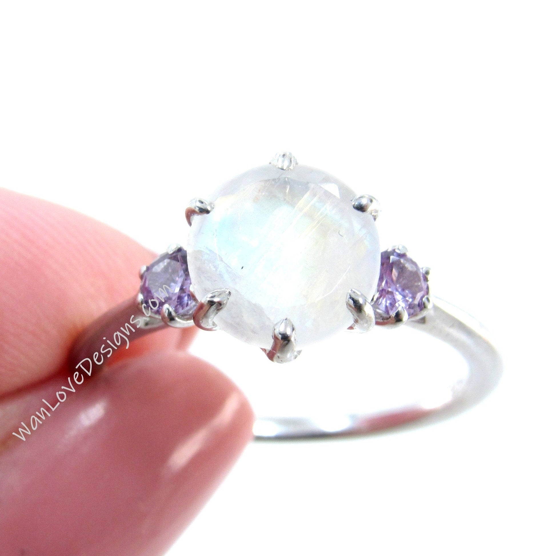 Moonstone & Alexandrite Color Change Sapphire 3 GemStone Engagement Ring, Trellis, Round, Custom, Wedding, Anniversary Gift Wan Love Designs