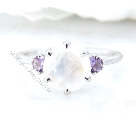 Moonstone & Alexandrite Color Change Sapphire 3 GemStone Engagement Ring, Trellis, Round, Custom, Wedding, Anniversary Gift Wan Love Designs