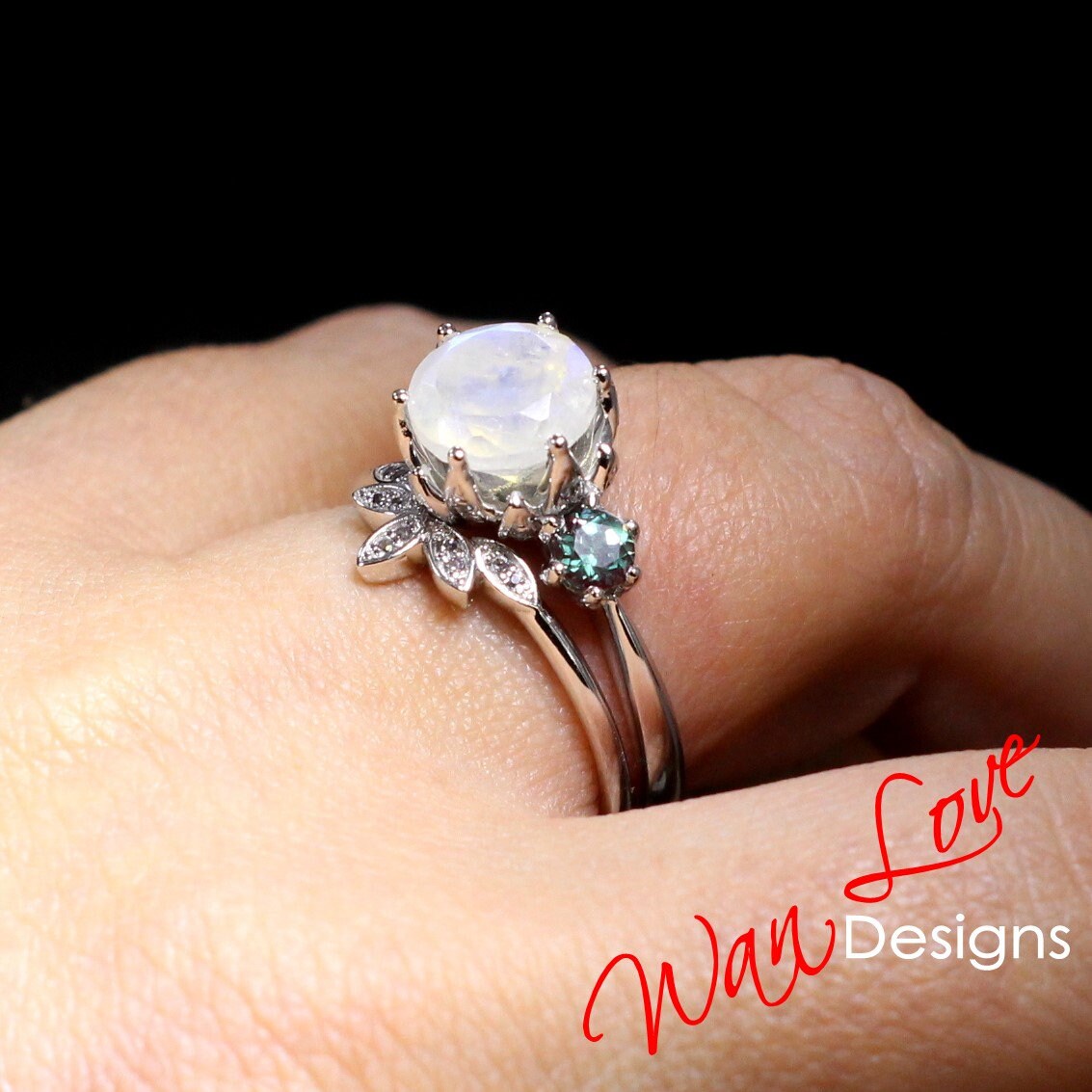 Moonstone Alexandrite Lotus Flower 3 stone Engagement Ring Nesting Wedding Band Set, Custom,Gift,14k 18k White Rose Yellow Gold,Plat Wan Love Designs