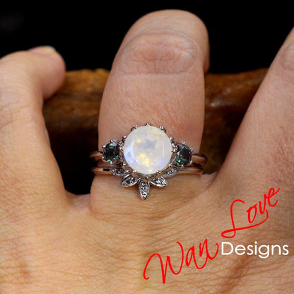 Moonstone Alexandrite Lotus Flower 3 stone Engagement Ring Nesting Wedding Band Set, Custom,Gift,14k 18k White Rose Yellow Gold,Plat Wan Love Designs