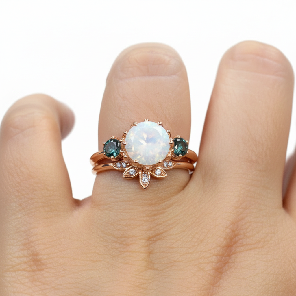 Pietra di luna Alessandrite Fiore di loto 3 pietre Anello di fidanzamento Set di fedi nuziali nidificanti, Personalizzato, Regalo, Oro giallo rosa bianco 14k 18k, Plat