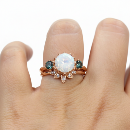 Pietra di luna Alessandrite Fiore di loto 3 pietre Anello di fidanzamento Set di fedi nuziali nidificanti, Personalizzato, Regalo, Oro giallo rosa bianco 14k 18k, Plat