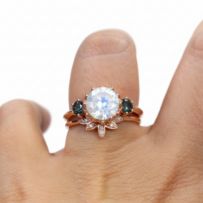 Pietra di luna Alessandrite Fiore di loto 3 pietre Anello di fidanzamento Set di fedi nuziali nidificanti, Personalizzato, Regalo, Oro giallo rosa bianco 14k 18k, Plat