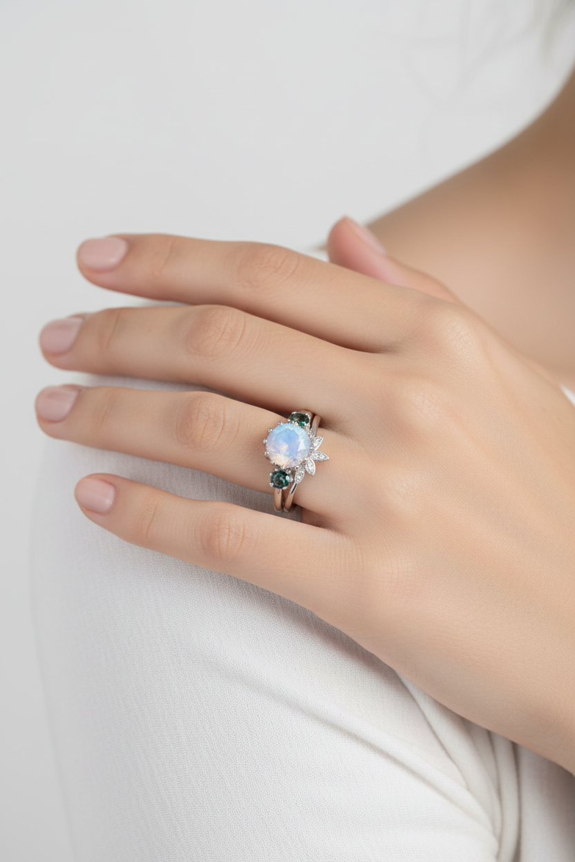 Pietra di luna Alessandrite Fiore di loto 3 pietre Anello di fidanzamento Set di fedi nuziali nidificanti, Personalizzato, Regalo, Oro giallo rosa bianco 14k 18k, Plat