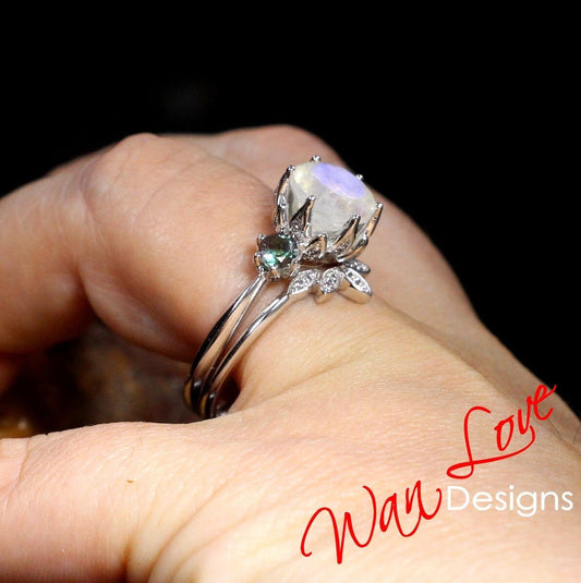 Moonstone Alexandrite Lotus Flower 3 stone Engagement Ring Nesting Wedding Band Set, Custom,Gift,14k 18k White Rose Yellow Gold,Plat Wan Love Designs