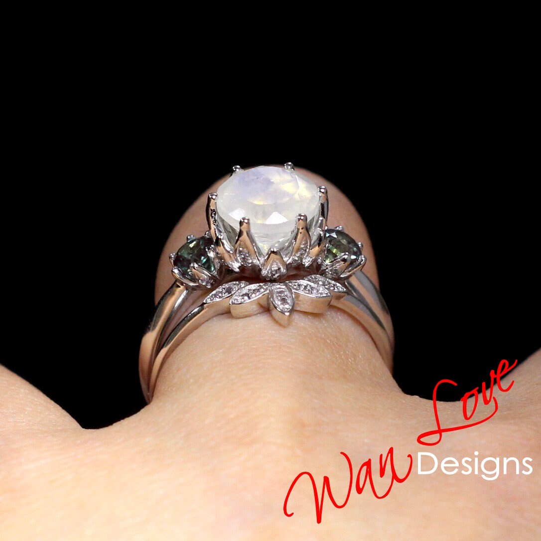 Moonstone Alexandrite Lotus Flower 3 stone Engagement Ring Nesting Wedding Band Set, Custom,Gift,14k 18k White Rose Yellow Gold,Plat Wan Love Designs