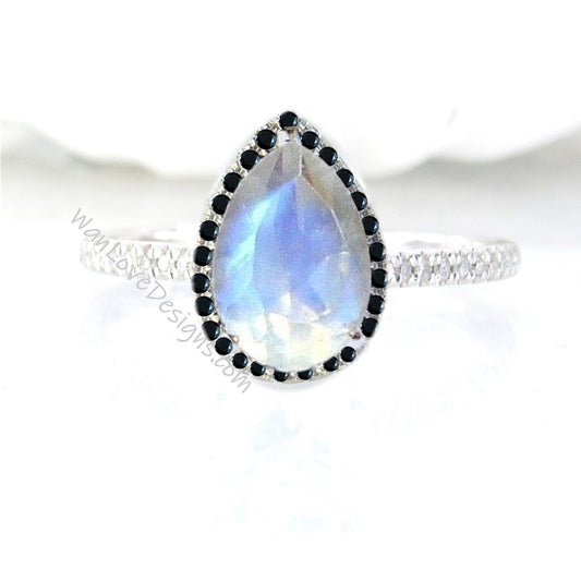 Moonstone & Black Diamond Pear Halo Engagement Ring, Drop Cut, Custom-Wedding, 14k 18k White Rose Yellow Gold, Platinum, WanLoveDesigns Wan Love Designs