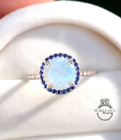 Moonstone Blue Sapphire & Diamonds Round Halo Engagement Ring Custom Wedding Anniversary Gift Wan Love Designs