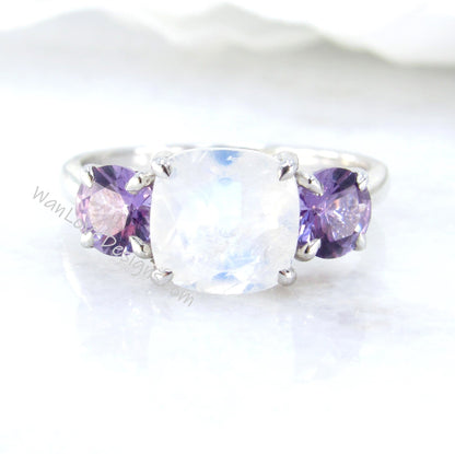 Moonstone Color Change Sapphire 3 Stone Cushion Round Engagement Ring, Custom, Anniversary Gift, 14k 18k White Rose Yellow Gold Wan Love Designs