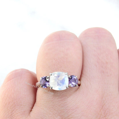 Moonstone Color Change Sapphire 3 Stone Cushion Round Engagement Ring, Custom, Anniversary Gift, 14k 18k White Rose Yellow Gold Wan Love Designs