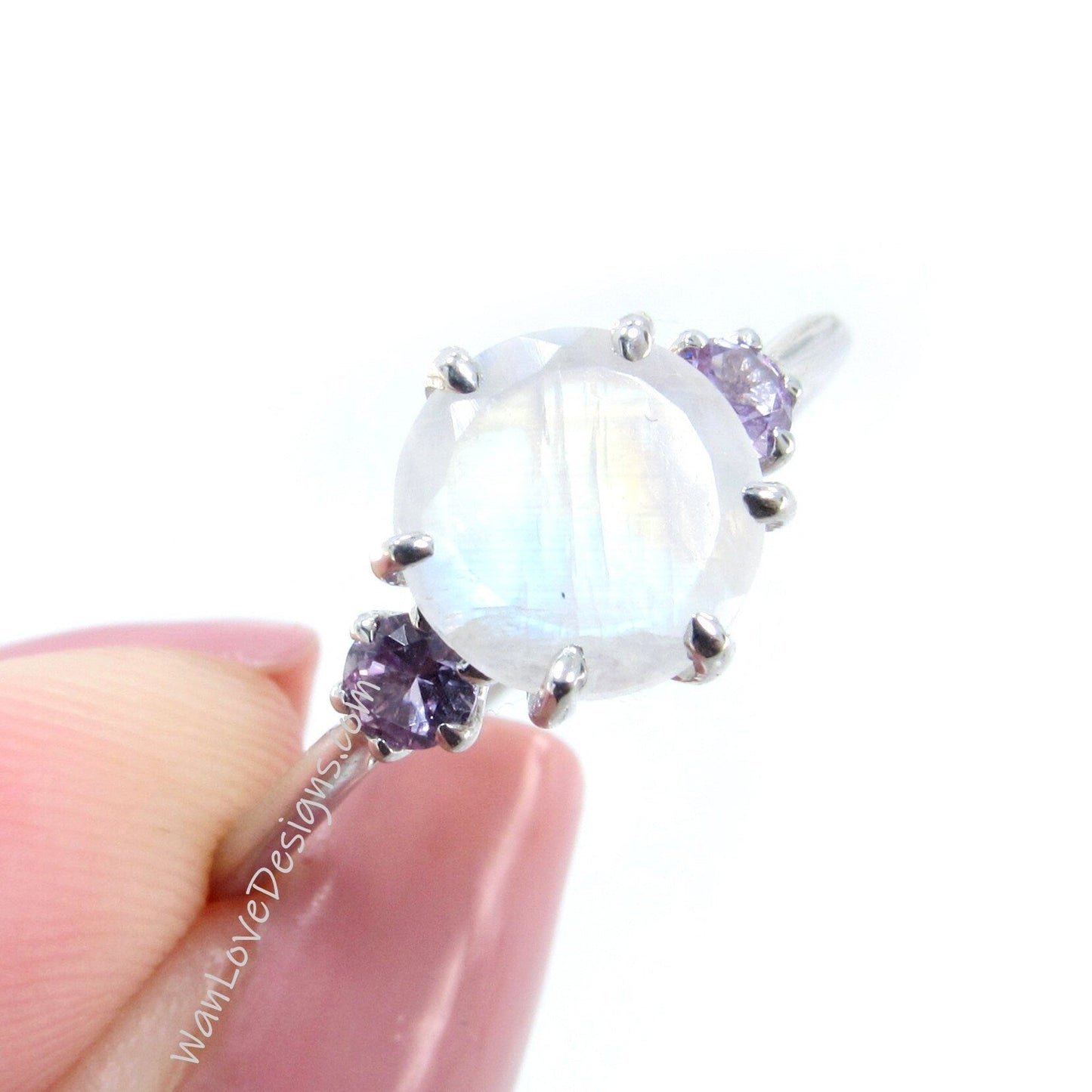 Moonstone & Color Change Sapphire Engagement Ring-Trellis-3 Gem Stone-2ct-8mm-3mm-Round-Custom-Wedding-Anniversary Gift-Ready to Ship Wan Love Designs