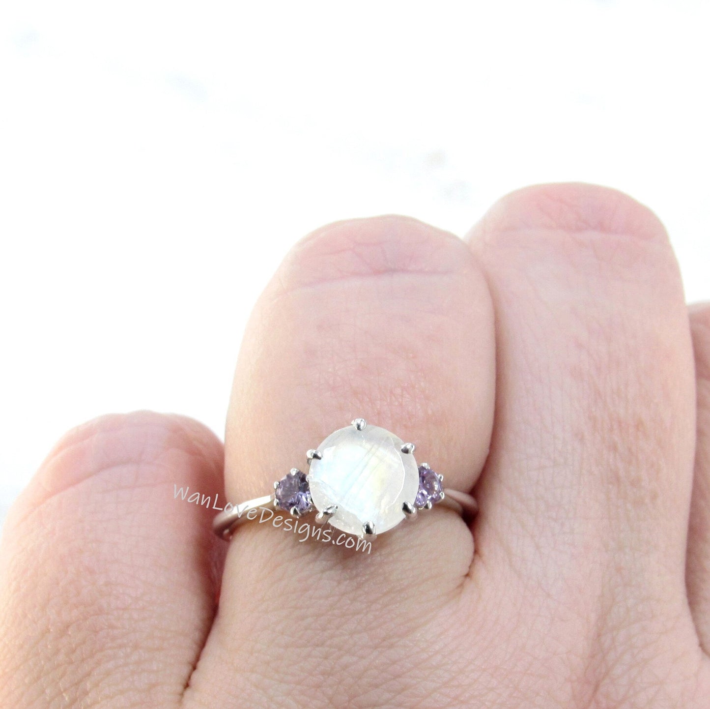 Moonstone & Color Change Sapphire Engagement Ring-Trellis-3 Gem Stone-2ct-8mm-3mm-Round-Custom-Wedding-Anniversary Gift-Ready to Ship Wan Love Designs