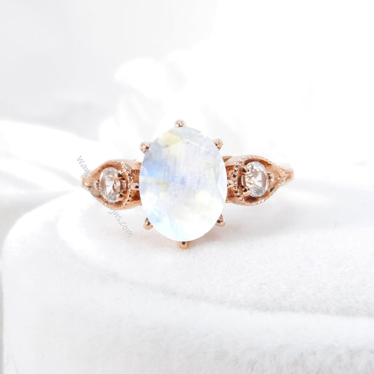Moonstone Diamond 3 Gem Oval Round Pear Bezel Milgrain 8 prong Engagement Ring, 3ct, 9x7mm, 3mm,Custom,Wedding,14k 18k White Rose Yelow Gold Wan Love Designs
