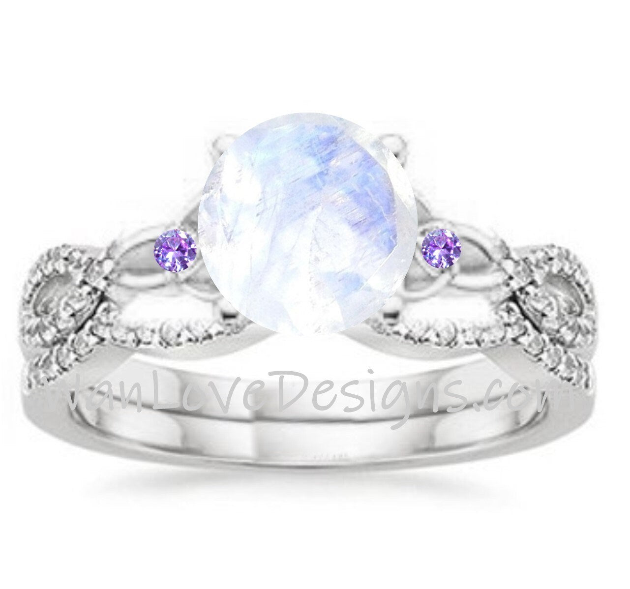 Moonstone & Diamond Celtic Knot Infinity 3 gemstone Engagement Ring Wedding Band Set, Celestial moon set, 14kt 18kt Gold, Platinum, Custom Wan Love Designs