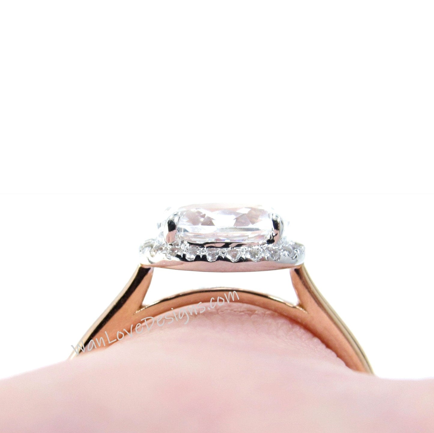 Moonstone & Diamond East West Engagement Ring-Oval cut Halo Custom made-Wedding-Anniversary-14k-18k-White Yellow Rose Gold-Platinum Wan Love Designs