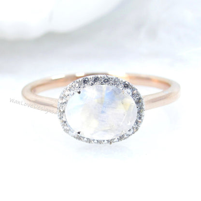 Moonstone & Diamond East West Engagement Ring-Oval cut Halo Custom made-Wedding-Anniversary-14k-18k-White Yellow Rose Gold-Platinum Wan Love Designs