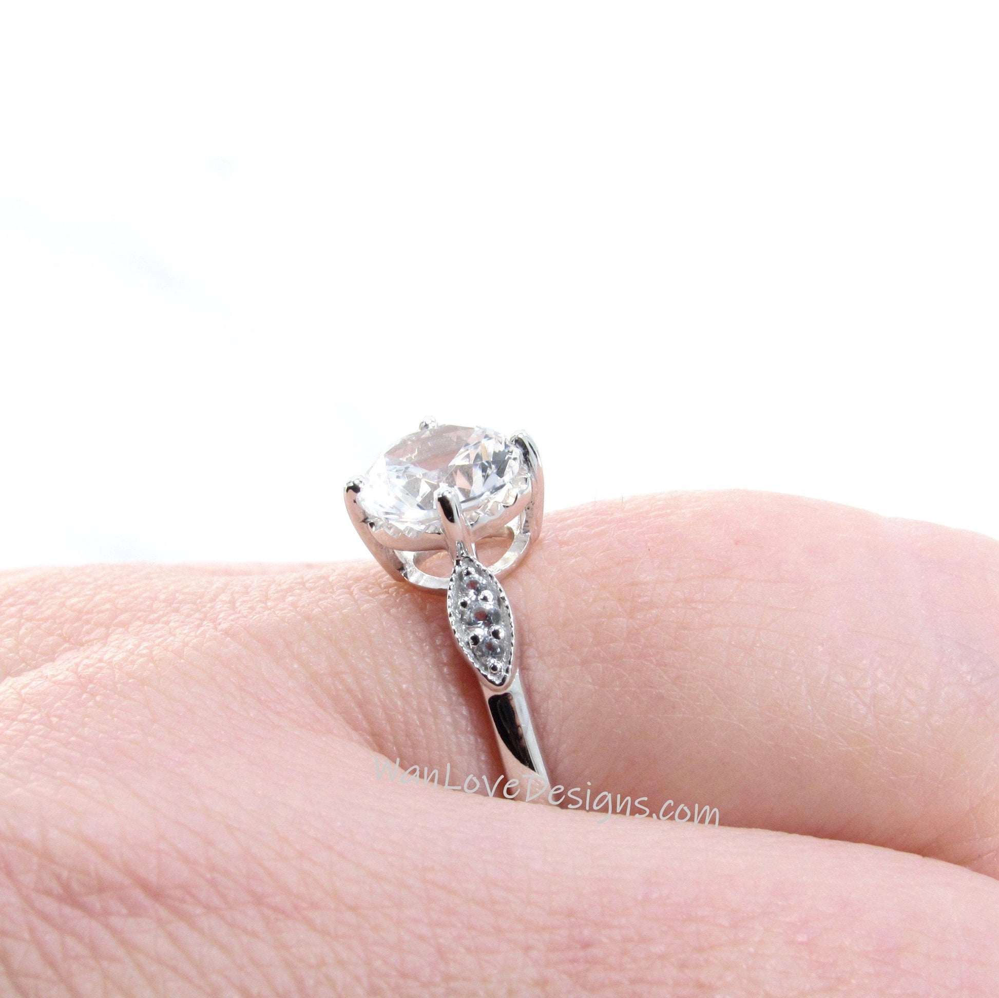 Moonstone & Diamond Engagement Ring, Milgrain Leaf Nature Round Antique Vintage style, 14k 18k White Yellow Rose Gold-Platinum-Custom Wan Love Designs