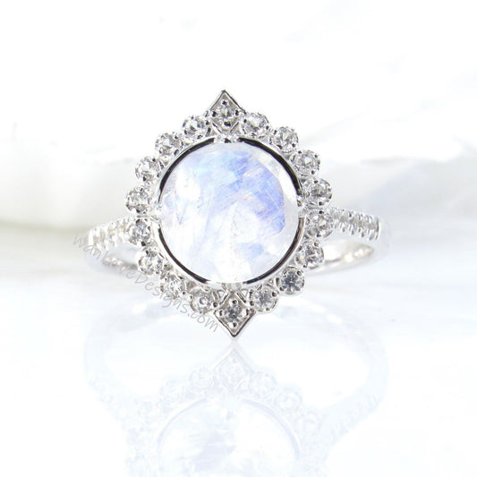 Moonstone Diamond Geometric Halo Engagement Ring Round, Custom, 14k 18k White Yellow Rose Gold-Platinum-Wedding, Anniversary Gift Wan Love Designs