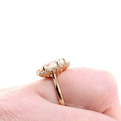 Moonstone & Diamond Graduated Halo Pear Engagement Ring Plain Shank Custom-14k 18k White Yellow Rose Gold-Platinum-Wedding Wan Love Designs