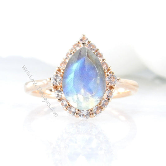 Moonstone & Diamond Graduated Halo Pear Engagement Ring Plain Shank Custom-14k 18k White Yellow Rose Gold-Platinum-Wedding Wan Love Designs