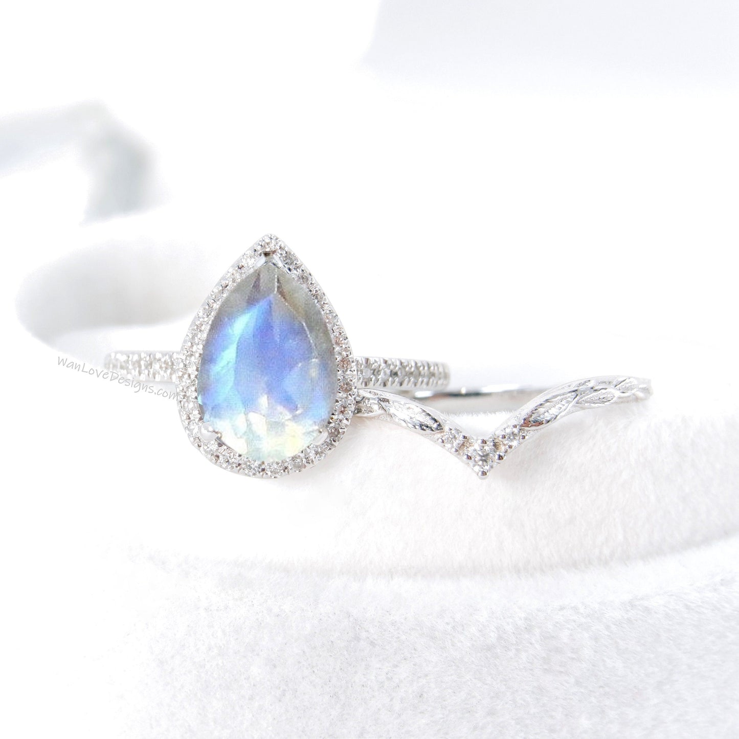 Moonstone Diamond Halo and Curve Band Engagement Ring Set | 14K Gold Nesting Band | Leaves Bridal Ring | Nature Inspired Ring Wan Love Designs