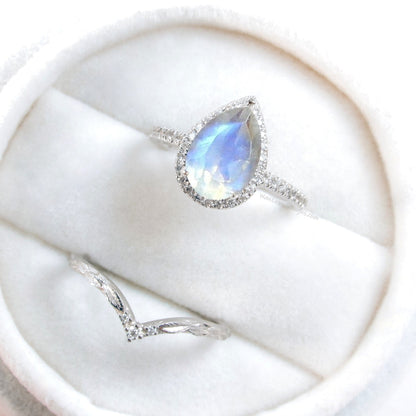 Moonstone Diamond Halo and Curve Band Engagement Ring Set | 14K Gold Nesting Band | Leaves Bridal Ring | Nature Inspired Ring Wan Love Designs