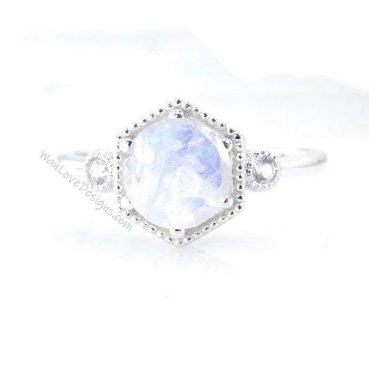 Moonstone & Diamond Hexagon Milgrain 3 Stone Round Engagement Ring, 14k 18k White Yellow Rose Gold,Custom, Wedding, Anniversary Gift Wan Love Designs
