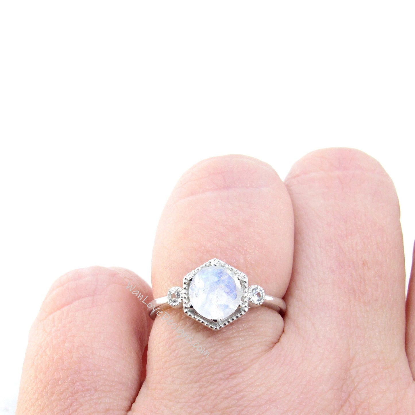 Moonstone & Diamond Hexagon Milgrain 3 Stone Round Engagement Ring, 14k 18k White Yellow Rose Gold,Custom, Wedding, Anniversary Gift Wan Love Designs