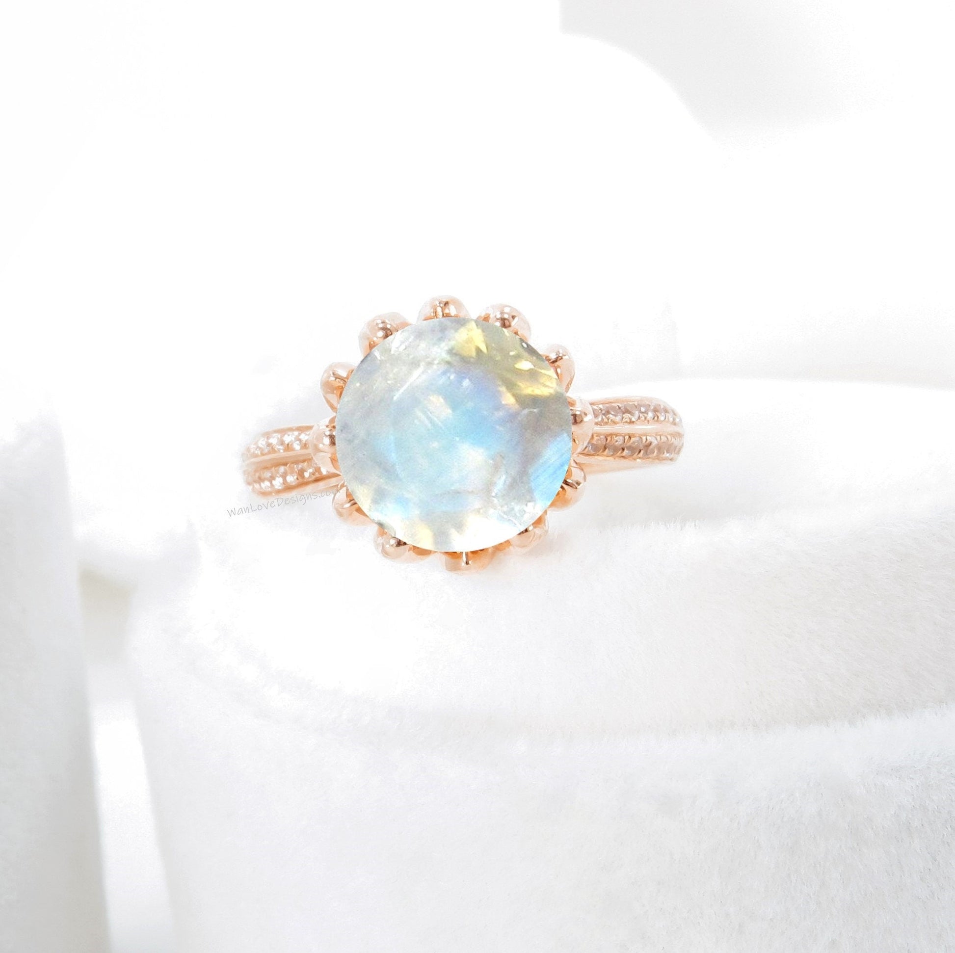 Moonstone & Diamond Lotus Flower Round Engagement Ring, 14k 18k White Yellow Rose Gold-Platinum-Custom made size-Wedding-Anniversary Wan Love Designs