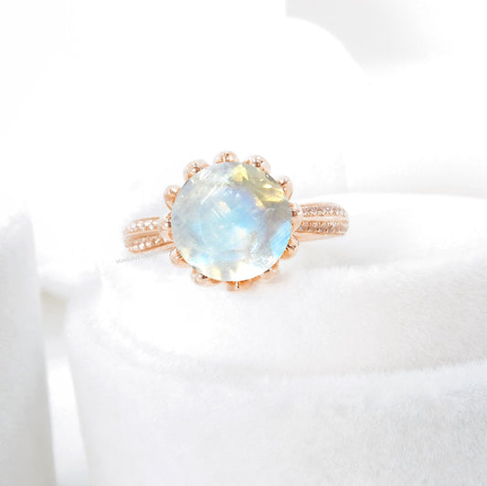 Moonstone & Diamond Lotus Flower Round Engagement Ring, 14k 18k White Yellow Rose Gold-Platinum-Custom made size-Wedding-Anniversary Wan Love Designs