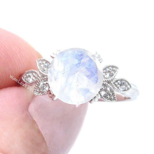 Moonstone Diamond Milgrain Leaf Engagement Ring, Nature Antique Vintage style Round,Custom Wedding, 14kt 18kt Gold, Platinum, WanLoveDesigns Wan Love Designs
