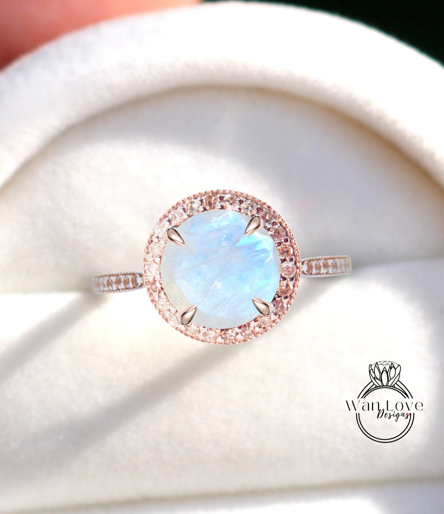 Moonstone & Diamond Milgrain round Halo Engagement Ring, Vintage Diamond/Moissanite Halo Wedding Ring, Half Eternity Diamond Milgrain Custom Ring, 14k/18k Gold Ring Wan Love Designs