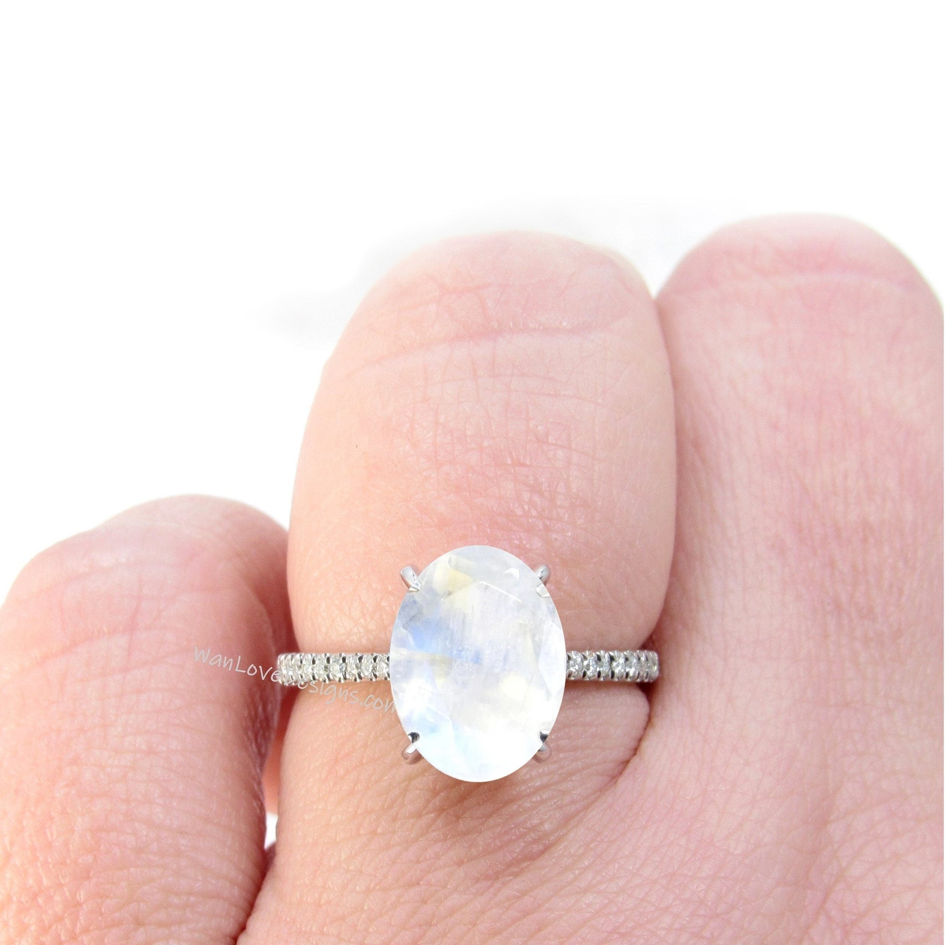 Moonstone & Diamond Oval Engagement Ring, 14k 18k White Yellow Rose gold-Platinum-Wedding-Anniversary Gift, WanLoveDesigns Wan Love Designs