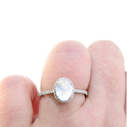 Moonstone & Diamond Oval Halo Engagement Ring 14k 18k White Yellow Rose Gold Platinum Custom made size Wedding Anniversary Rainbow Wan Love Designs